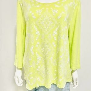 ☀️Chico’s Lime Green Floral Print Lightweight Cotton Long Sleeve Tee. Sz 3, XL